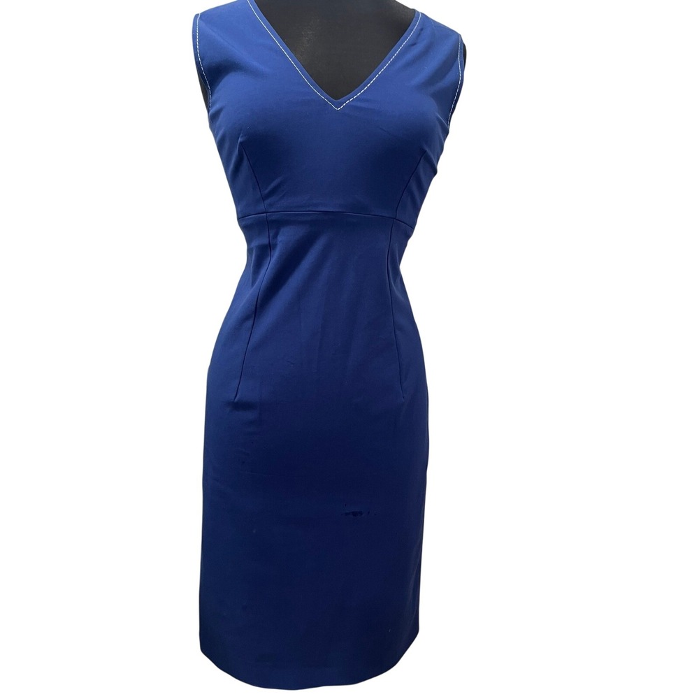 Piazza Sempione Blue V-Neck Sheath Dress Contrast Stitching Made in Italy